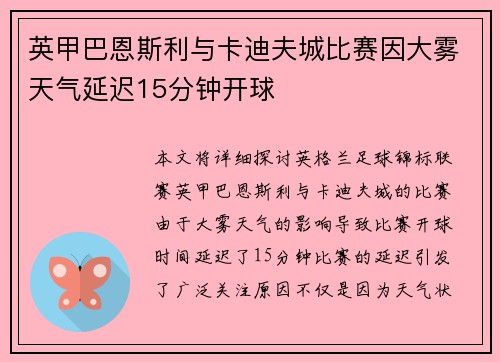 英甲巴恩斯利与卡迪夫城比赛因大雾天气延迟15分钟开球