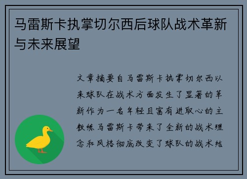 马雷斯卡执掌切尔西后球队战术革新与未来展望